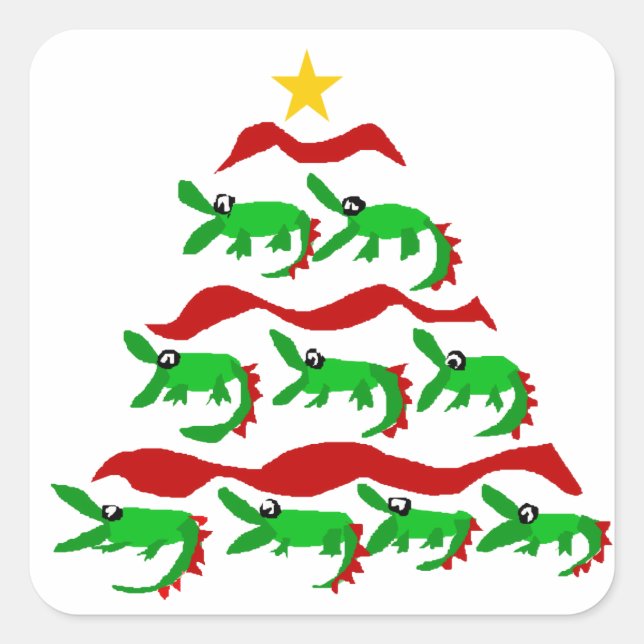 Fun Einzigartiger Alligator Art Weihnachtsbaum Quadratischer Aufkleber (Vorderseite)