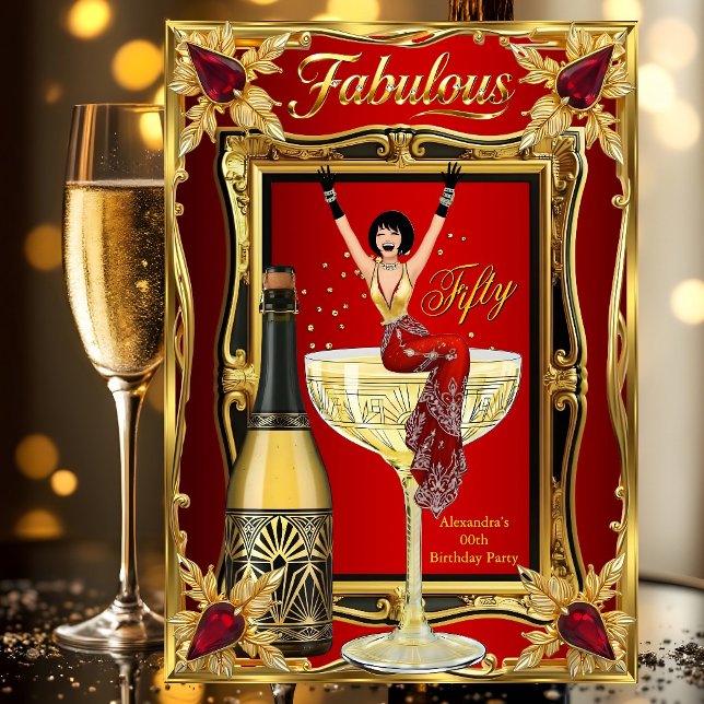 Fun Fabulous Birthday Red Gold Champagne Party Einladung (Von Creator hochgeladen)