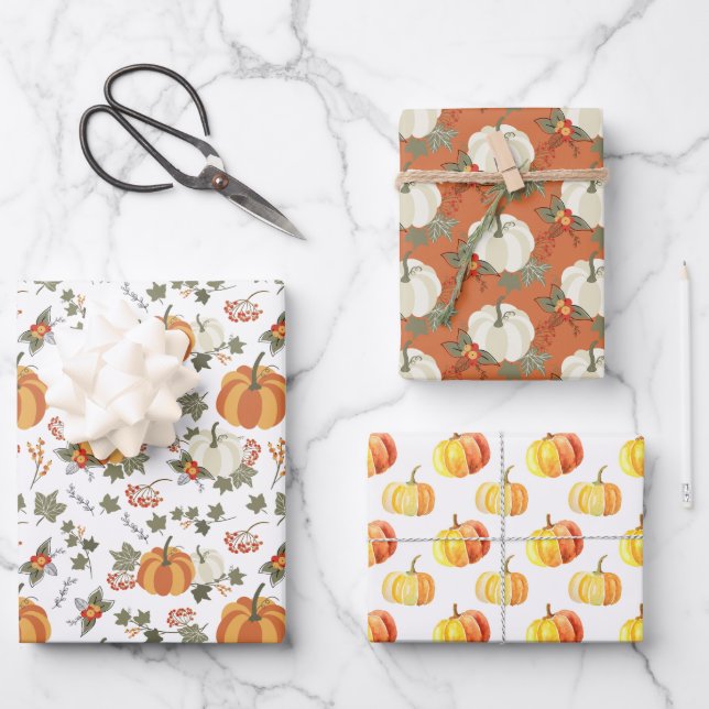 Fun Fall Pumpkins Koordinierte Wrapping Paper Shee Geschenkpapier Set (Vorderseite)