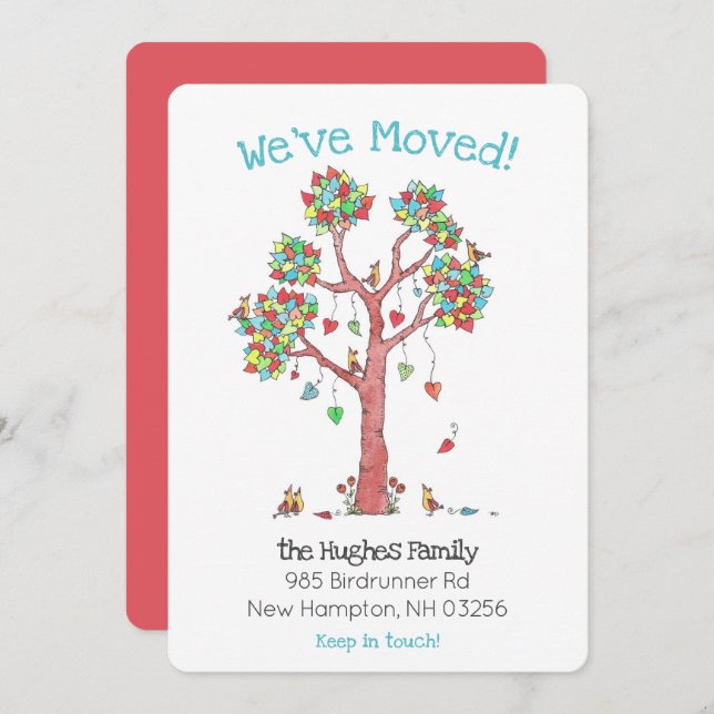 Fun Family Birds in a Tree of Hearts Neue Adresse  Ankündigung (Vorne/Hinten)