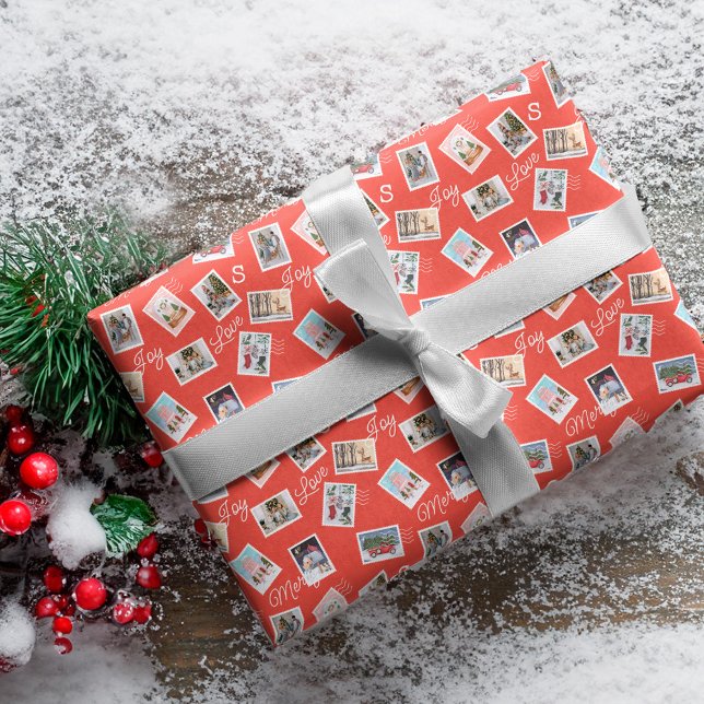 Fun Family Fotos Weihnachts Porto Briefmarke Colla Geschenkpapier (Fun Family Photos Christmas Postage Stamp Collage Wrapping Paper)