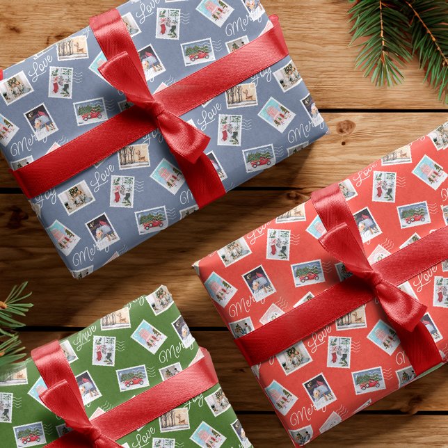 Fun Family Fotos Weihnachts Porto Briefmarke Colla Geschenkpapier Set (Fun Family Photos Christmas Postage Stamp Collage Wrapping Paper Sheets)
