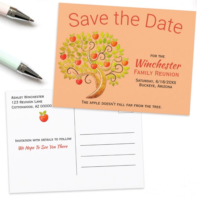 Fun Family Reunion Save The Date Apple Tree Ankündigungspostkarte (Von Creator hochgeladen)