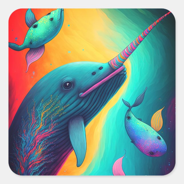 Fun farbenfrohe Narwhal Fantasy Sea Kreaturen Rege Quadratischer Aufkleber (Vorderseite)