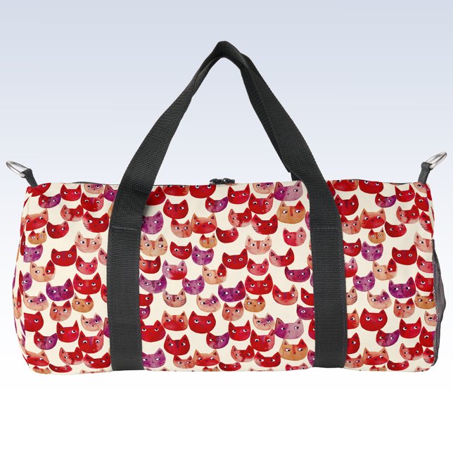 Fun farbenfrohe Wasserfarbe Muster Duffle Bag (Fun kitty cat watercolor pattern red duffel bag for animal lovers.)