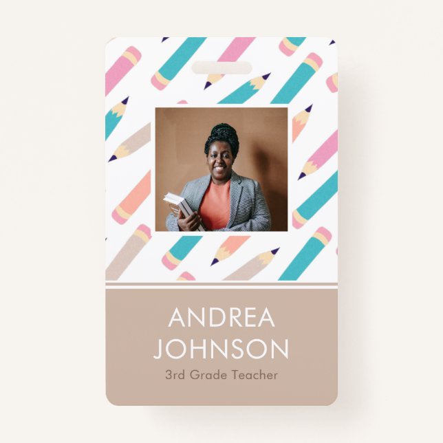 Fun farbiges Bleistiftmuster Primärlehrer-Foto Ausweis (Vorderseite)