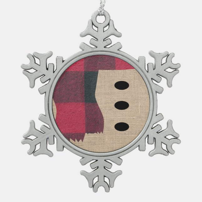 Fun Farmhouse Burlap Snowman Karierter Scarf & But Schneeflocken Zinn-Ornament (Vorderseite)