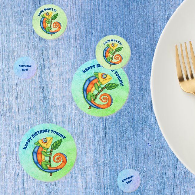 Fun Festival Birthday Lizard Bright Colors Leaf Konfetti (Fun table confetti for kids birthday with lizard in bright colors on blues and greens.)