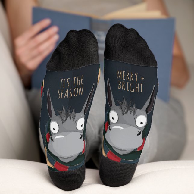 Fun Festive Donkey Cartoon Dark Blue  Socken (Unterseite)