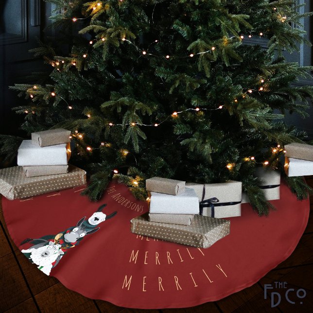 Fun Festive Red Chic Niedlich Donkey Llama Sheep Polyester Weihnachtsbaumdecke (Von Creator hochgeladen)