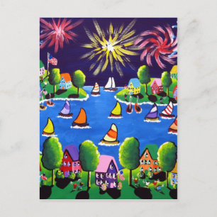 Fun Fireworks 4. Juli Folk Art Postkarte