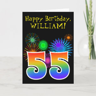 Fun Fireworks + Rainbow Pattern "55" Birthday # Karte