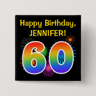 Fun Fireworks + Rainbow Pattern "60" Birthday # Button