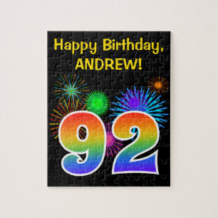 Fun Fireworks + Rainbow Pattern "92" Birthday # Puzzle