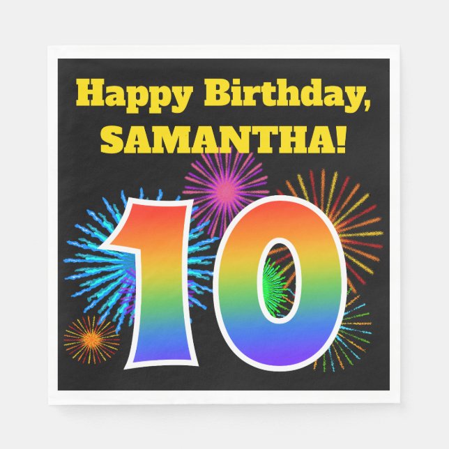 Fun Fireworks + Regenbogenmuster "10" Geburtstag # Serviette (Vorderseite)