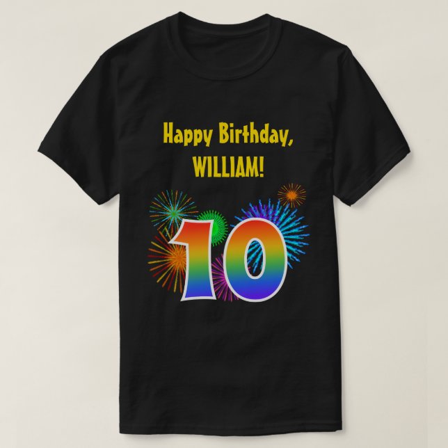 Fun Fireworks + Regenbogenmuster "10" Geburtstag # T-Shirt (Design vorne)