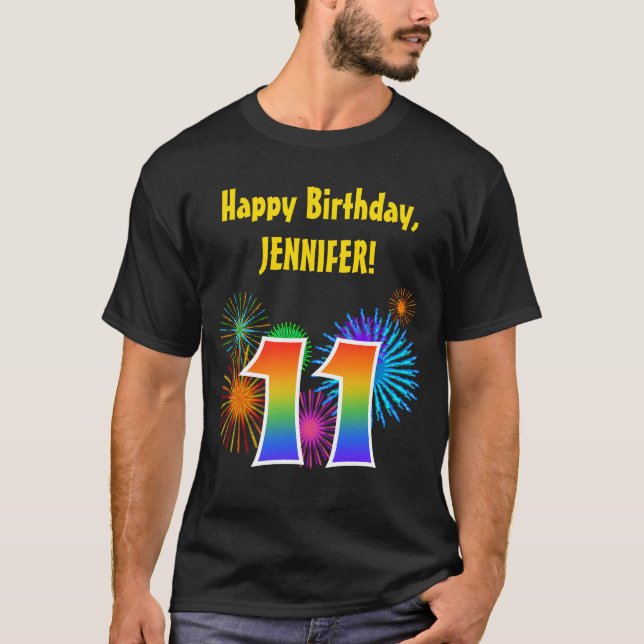 Fun Fireworks + Regenbogenmuster "11" Geburtstag # T-Shirt (Vorderseite)