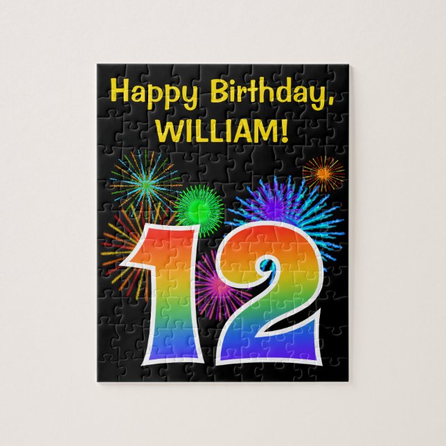 Fun Fireworks + Regenbogenmuster "12" Geburtstag # Puzzle (Vertikal)
