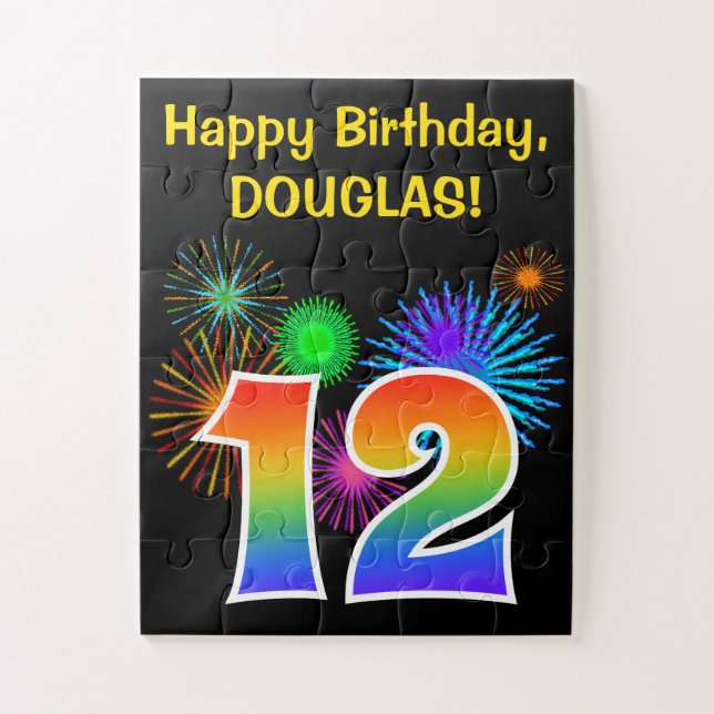 Fun Fireworks + Regenbogenmuster "12" Geburtstag # Puzzle (Vertikal)