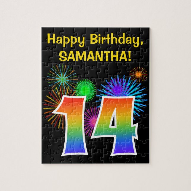 Fun Fireworks + Regenbogenmuster "14" Geburtstag # Puzzle (Vertikal)