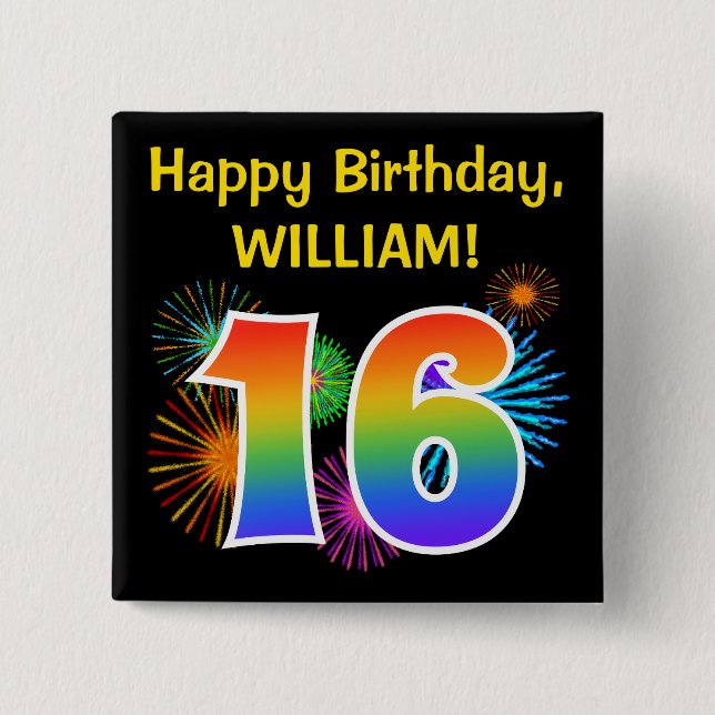 Fun Fireworks + Regenbogenmuster "16" Geburtstag # Button (Vorderseite)