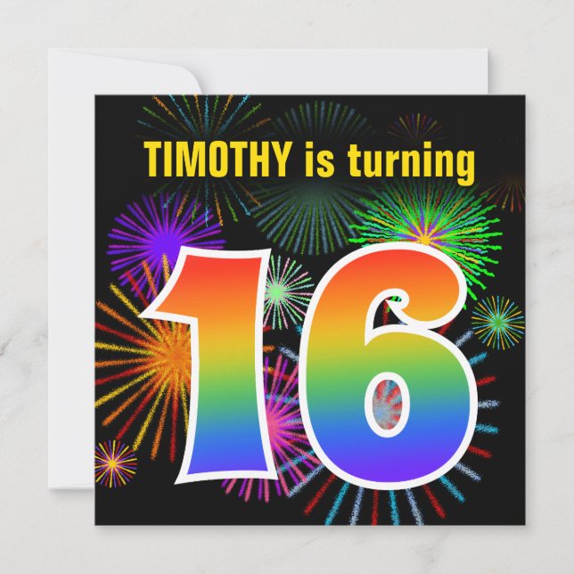 Fun Fireworks + Regenbogenmuster "16" Geburtstag # Einladung (Vorderseite)
