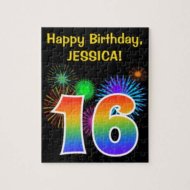 Fun Fireworks + Regenbogenmuster "16" Geburtstag # Puzzle (Vertikal)