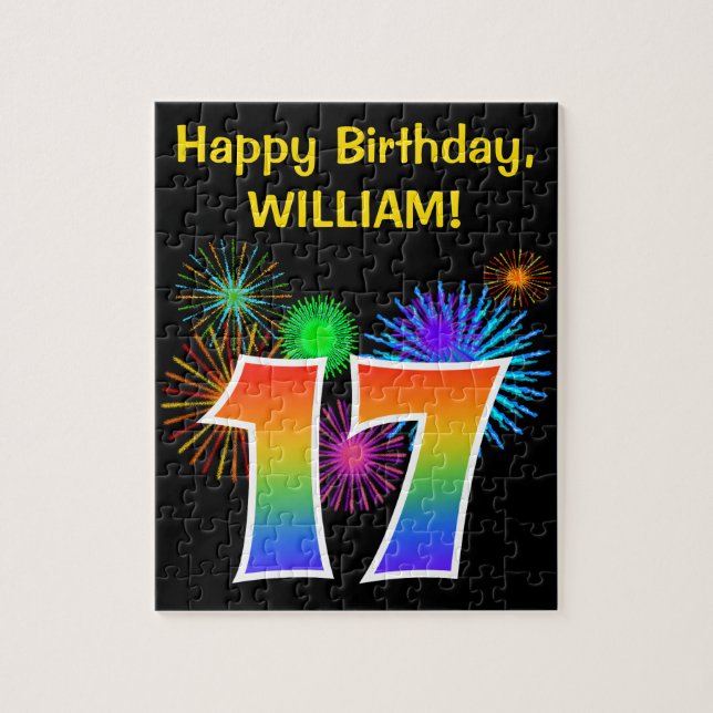 Fun Fireworks + Regenbogenmuster "17" Geburtstag # Puzzle (Vertikal)