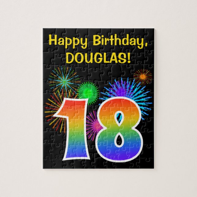 Fun Fireworks + Regenbogenmuster "18" Geburtstag # Puzzle (Vertikal)
