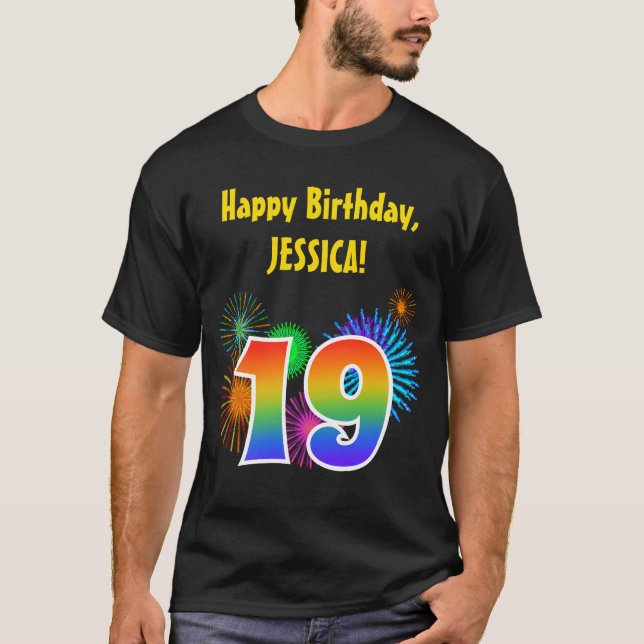 Fun Fireworks + Regenbogenmuster "19" Geburtstag # T-Shirt (Vorderseite)