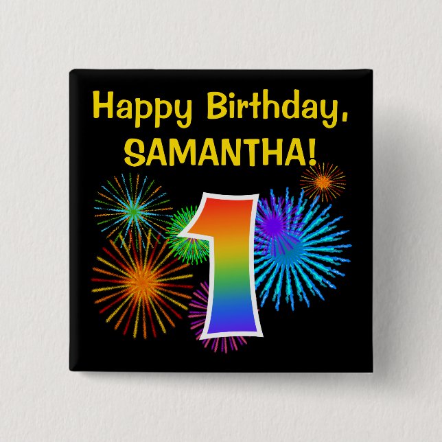 Fun Fireworks + Regenbogenmuster "1" Geburtstag # Button (Vorderseite)
