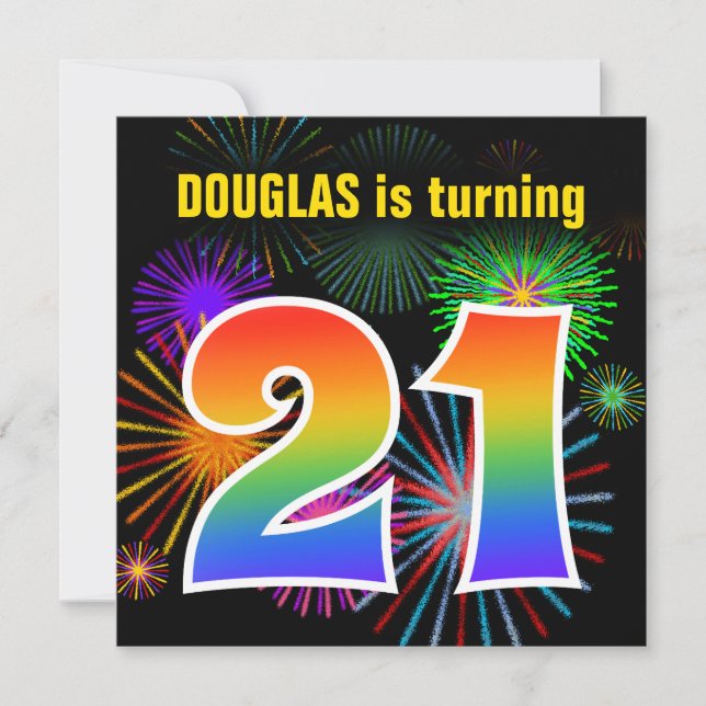Fun Fireworks + Regenbogenmuster "21" Geburtstag # Einladung (Vorderseite)