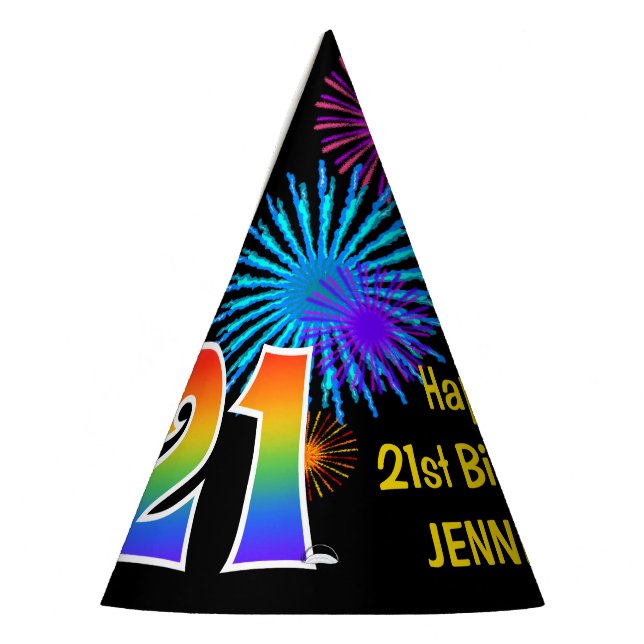 Fun Fireworks + Regenbogenmuster "21" Geburtstag # Partyhütchen (Links)