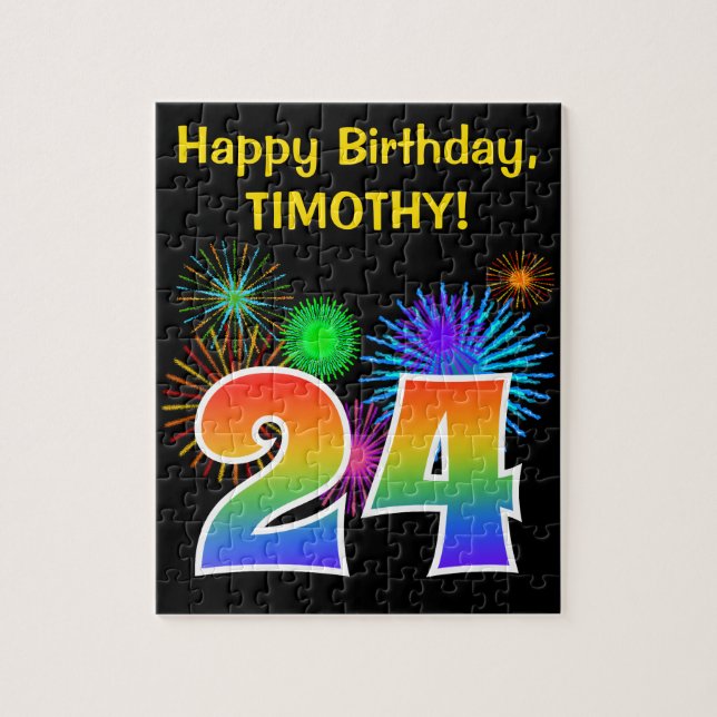 Fun Fireworks + Regenbogenmuster "24" Geburtstag # Puzzle (Vertikal)