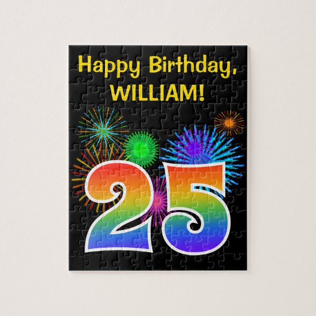 Fun Fireworks + Regenbogenmuster "25" Geburtstag # Puzzle (Vertikal)