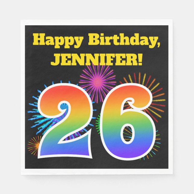 Fun Fireworks + Regenbogenmuster "26" Geburtstag # Serviette (Vorderseite)