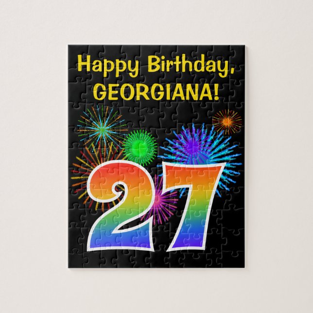 Fun Fireworks + Regenbogenmuster "27" Geburtstag # Puzzle (Vertikal)