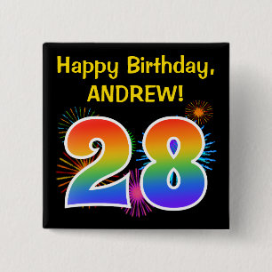 Fun Fireworks + Regenbogenmuster "28" Geburtstag # Button