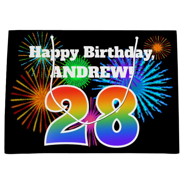 Fun Fireworks + Regenbogenmuster "28" Geburtstag # Große Geschenktüte (Vorderseite)