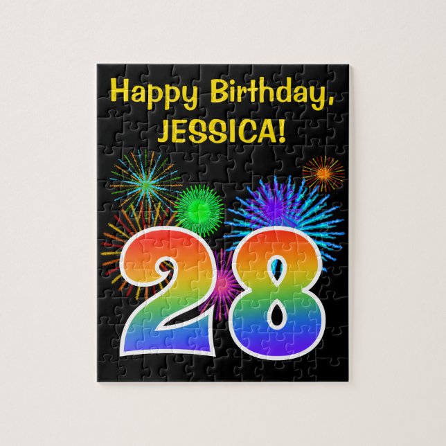Fun Fireworks + Regenbogenmuster "28" Geburtstag # Puzzle (Vertikal)