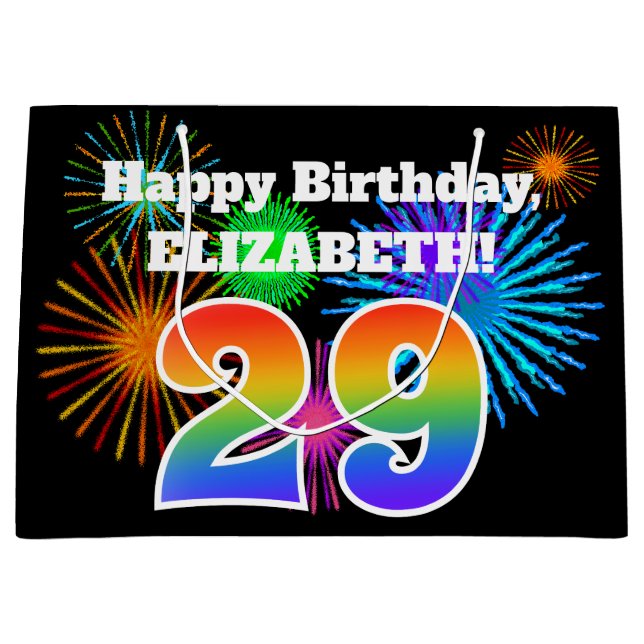 Fun Fireworks + Regenbogenmuster "29" Geburtstag # Große Geschenktüte (Vorderseite)