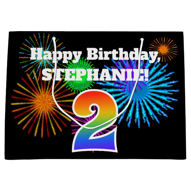 Fun Fireworks + Regenbogenmuster "2" Geburtstag # Große Geschenktüte (Vorderseite)