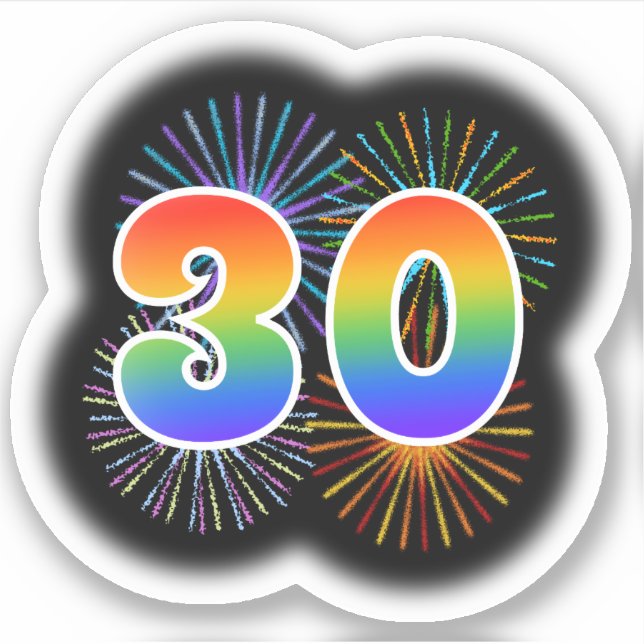 Fun Fireworks + Regenbogenmuster "30" Event # Aufkleber (Vorderseite)