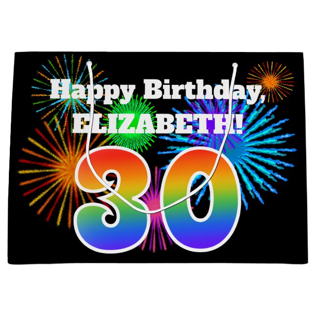 Fun Fireworks + Regenbogenmuster "30" Geburtstag # Große Geschenktüte (Vorderseite)