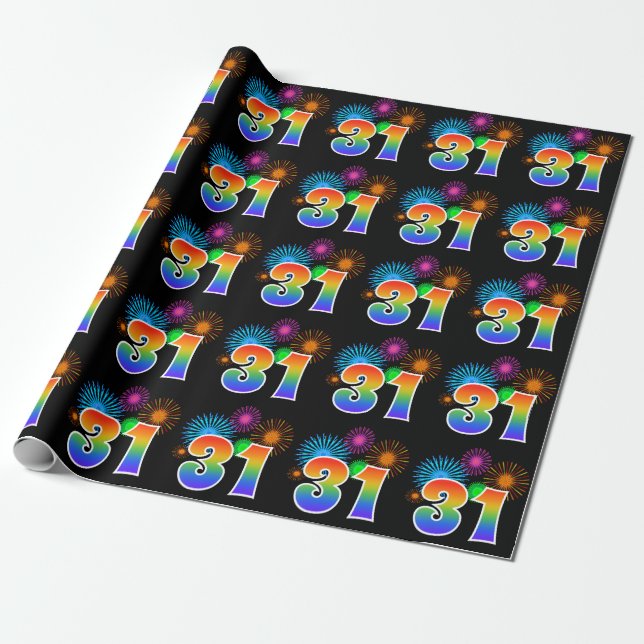 Fun Fireworks + Regenbogenmuster "31" Ereignisnumm Geschenkpapier (Ungerollt)