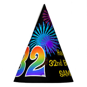 Fun Fireworks + Regenbogenmuster "32" Geburtstag # Partyhütchen
