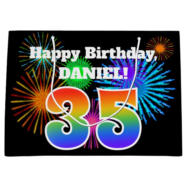 Fun Fireworks + Regenbogenmuster "35" Geburtstag # Große Geschenktüte (Vorderseite)