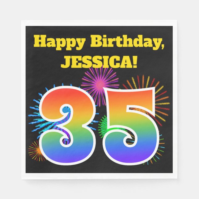 Fun Fireworks + Regenbogenmuster "35" Geburtstag # Serviette (Vorderseite)