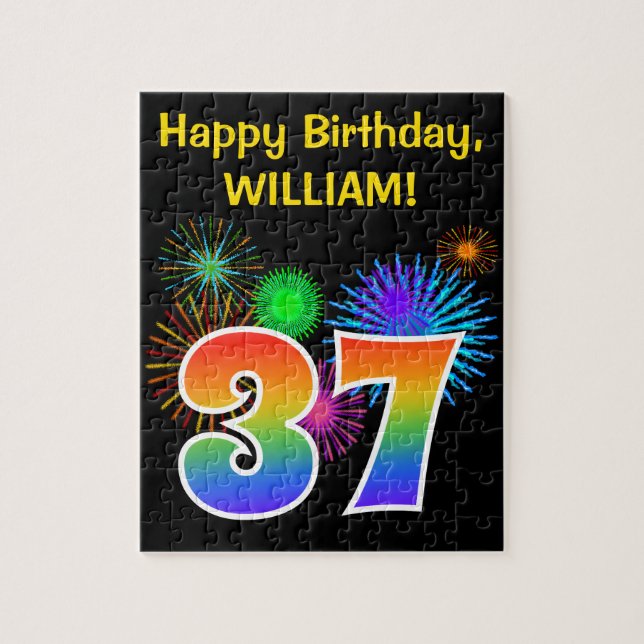 Fun Fireworks + Regenbogenmuster "37" Geburtstag # Puzzle (Vertikal)