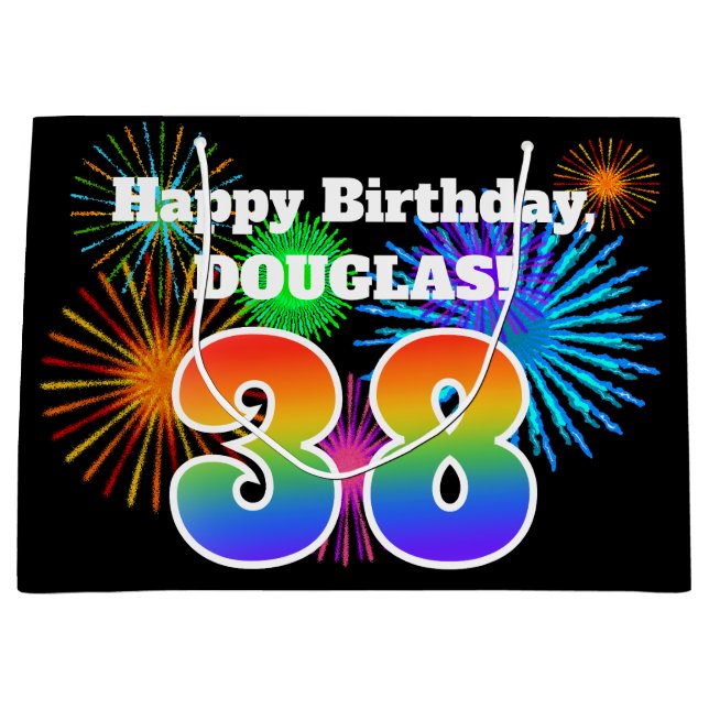 Fun Fireworks + Regenbogenmuster "38" Geburtstag # Große Geschenktüte (Vorderseite)